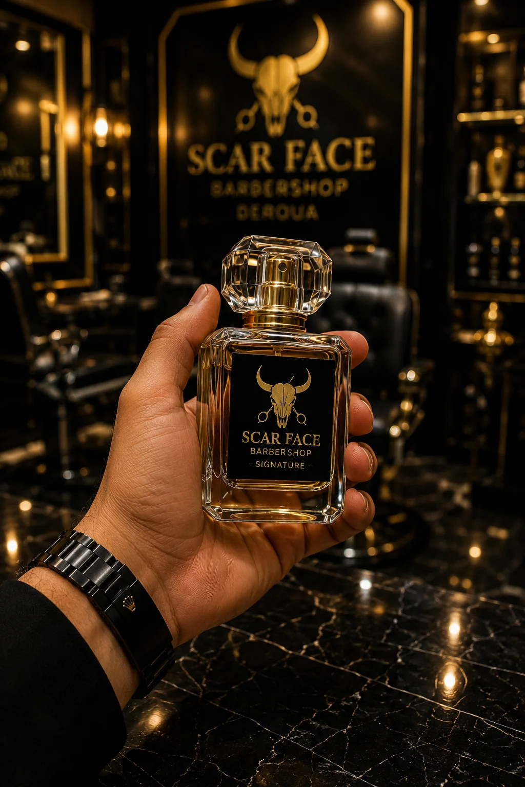 Main tenant SCARFACE Signature dans le salon
