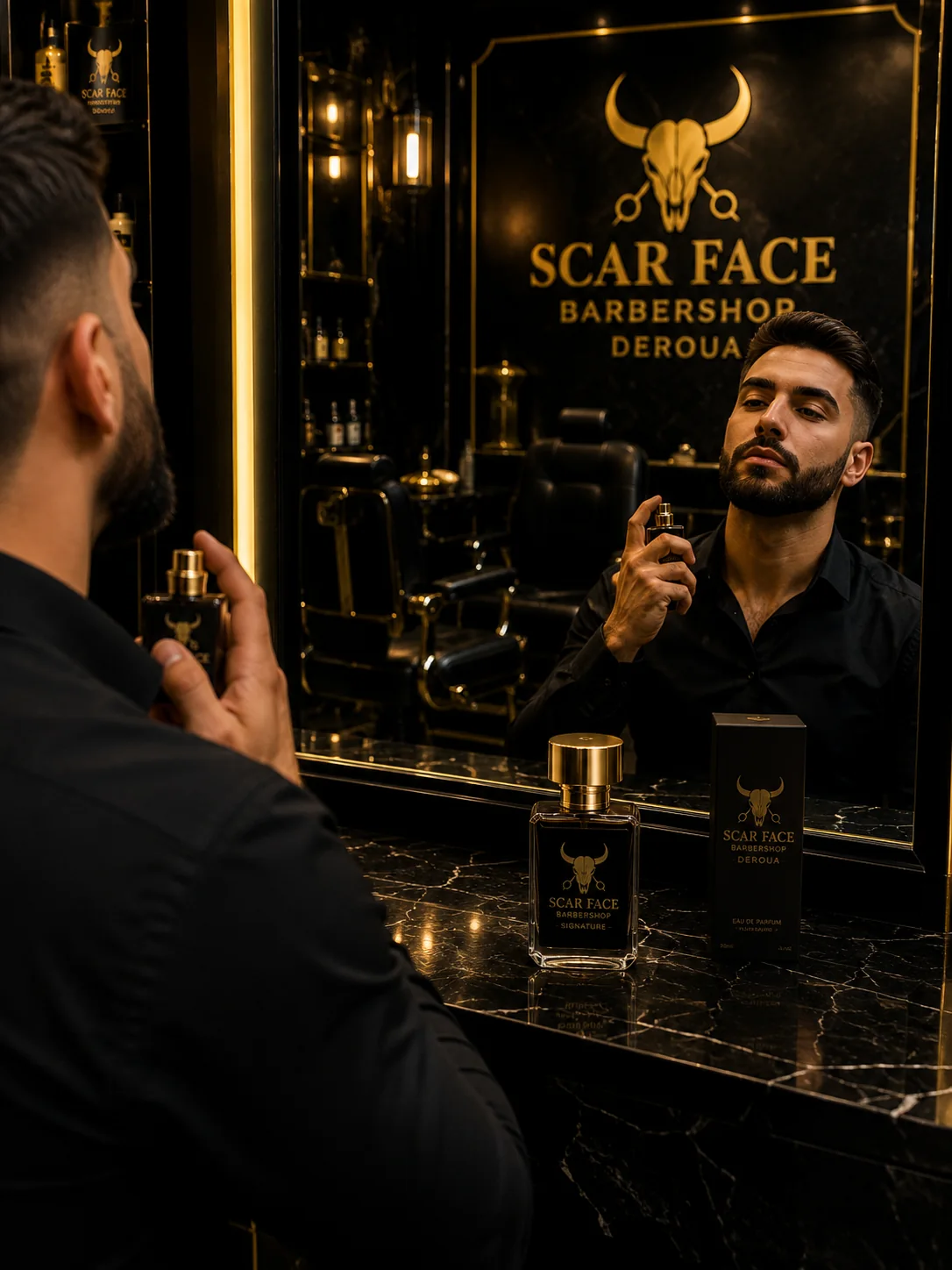 Client testant SCARFACE Signature devant miroir